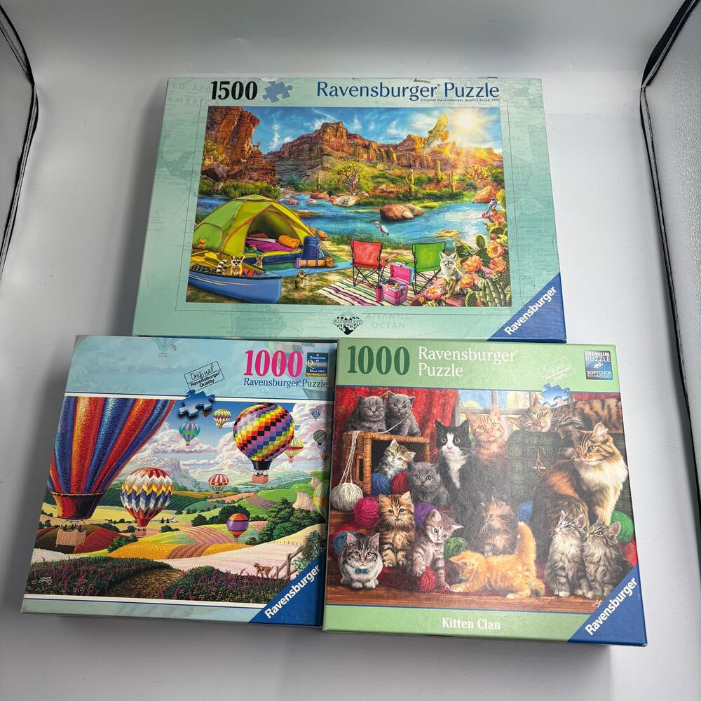 Lot 3 Ravensburger Jigsaw Puzzles 1000 1500 Wanderlust Kittens Hot Air Balloons